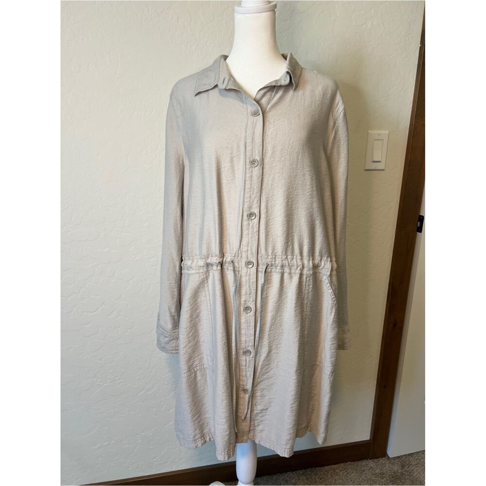 Chico’s Silver Gray Lagenlook Shirt Dress Button Up Long Sleeve Tie Waist 2/L/12